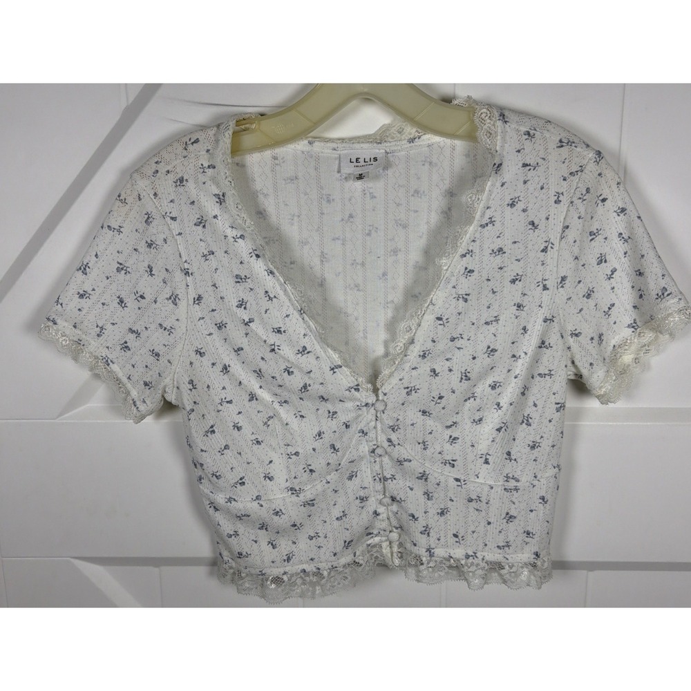Le Lis Womens Boho Fairy Crop Cottagecore Lace Trim Soft Girl Top Size M